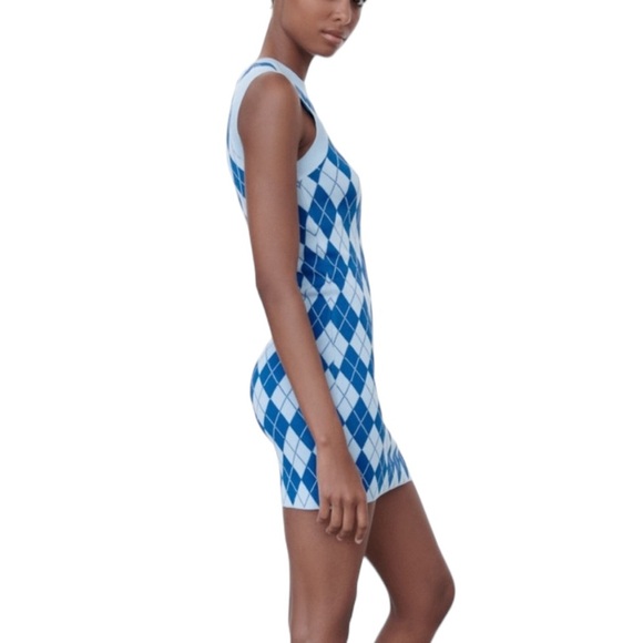 Zara Blue Argyle Diamond Sleeveless Knit Sweater Mini Dress - Blogger Fave - S - Picture 3 of 16